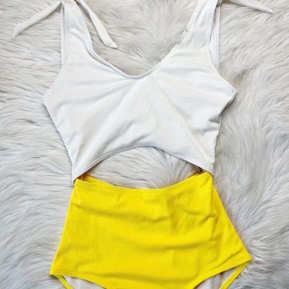 SHEIN Ribbed Cut Out One Piece Bathing Suit White & Yellow Small - Picture 2 of 5